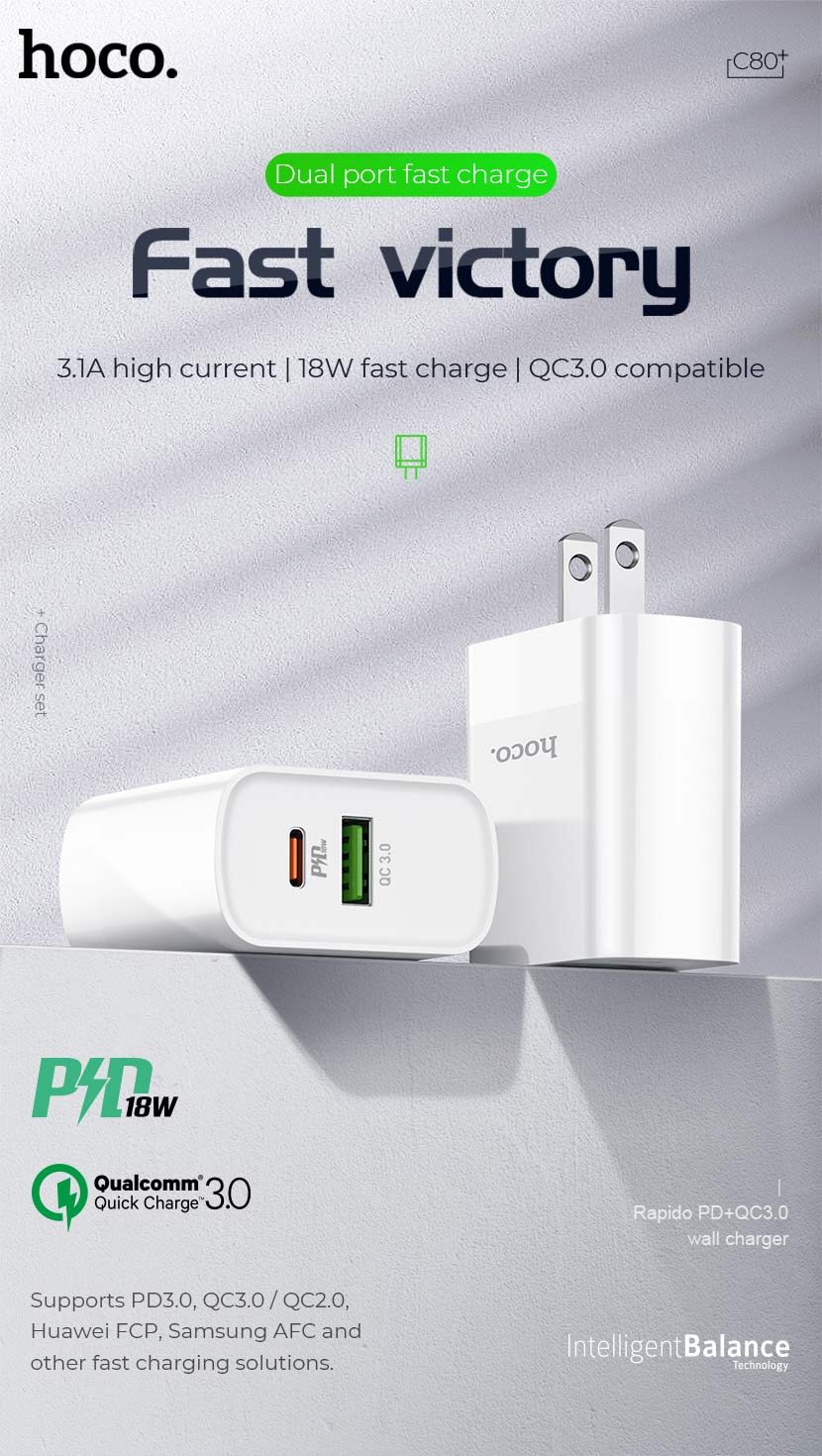Chargeur mural rapide QC3.0 18 W USB-A et USB-C à double port Chargeur mural rapide QC3.0 18 W USB-A et USB-C à double port